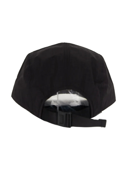 Embroidered Outdoor Cap IL520 Black back flat shot showing five-panel crown construction and black webbing buckle size adjuster strap