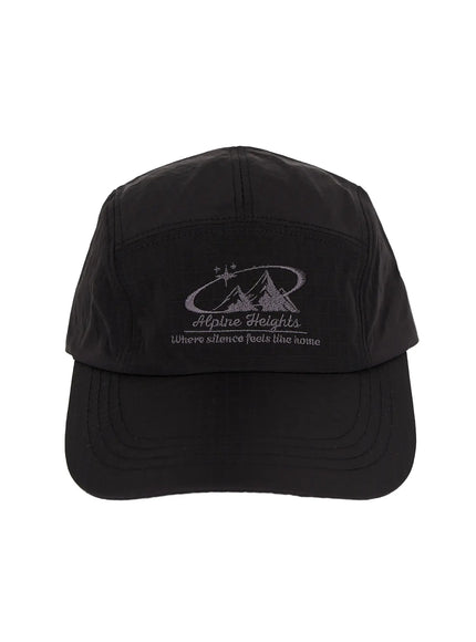 LEWKIN Embroidered Outdoor Cap IL520 Black front flat shot showing Alpine Heights mountain embroidery and logo on smooth nylon ripstop panel
