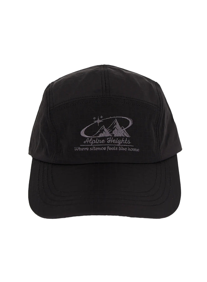 LEWKIN Embroidered Outdoor Cap IL520 Black front flat shot showing Alpine Heights mountain embroidery and logo on smooth nylon ripstop panel