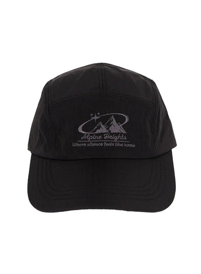 LEWKIN Embroidered Outdoor Cap IL520 Black front flat shot showing Alpine Heights mountain embroidery and logo on smooth nylon ripstop panel
