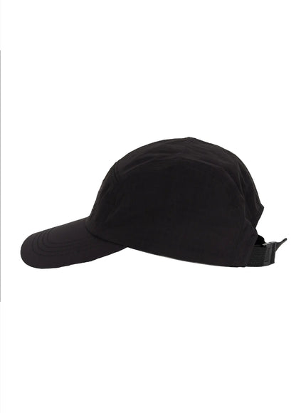 Embroidered Outdoor Cap IL520 Black side flat shot showing structured brim curved profile ripstop nylon fabric and black buckle strap at rear