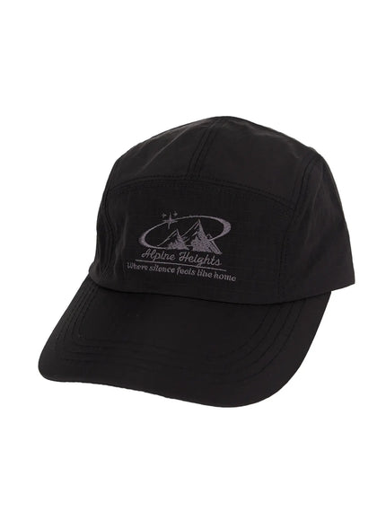 Embroidered Outdoor Cap IL520 Black angled three-quarter flat shot showing gray Alpine Heights embroidery on smooth ripstop nylon five-panel cap