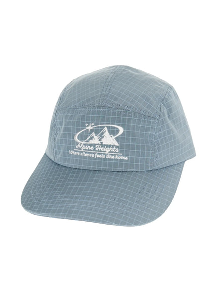 Embroidered Outdoor Cap IL520 Blue angled front flat shot showing white Alpine Heights mountain embroidery on grid ripstop nylon five-panel design