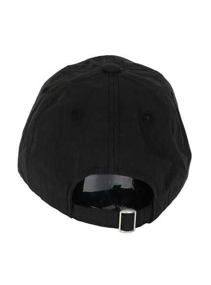 Embroidered Sun Logo Cap IL515 Black back hanger shot showing adjustable silver metal buckle strap ventilation eyelets and structured crown
