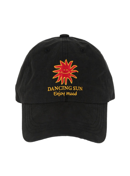 Embroidered Sun Logo Cap IL515 Black front flat hanger shot showing Dancing Sun Enjoy mood red and yellow embroidered logo on structured crown