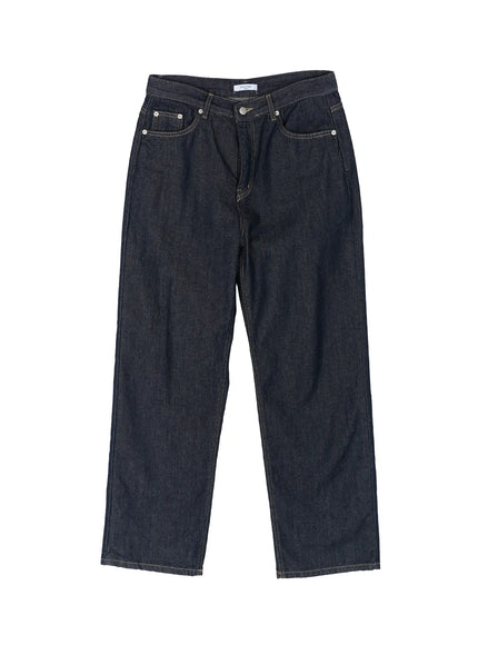 Emil Dark-Wash Straight-Leg Jeans IL515 Dark blue flat-lay front view showing five-pocket construction contrast topstitching and wide straight-leg raw denim