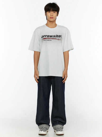 Emil Dark-Wash Straight-Leg Jeans IL515 Dark blue full-body front shot on male model standing straight styled with graphic tee and checkerboard sneakers