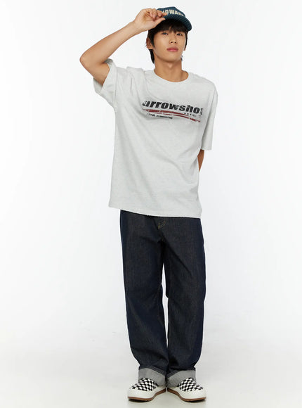 Emil Dark-Wash Straight-Leg Jeans IL515 Dark blue full-body front shot on male model cap tilted styled with graphic tee and checkerboard slip-ons standing tall