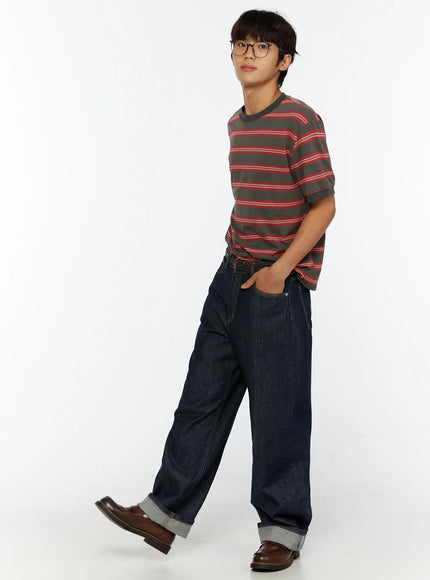 Emil Dark-Wash Straight-Leg Jeans IL515 Dark blue full-body side shot on male model walking pose styled with striped tee belt glasses and brown loafers