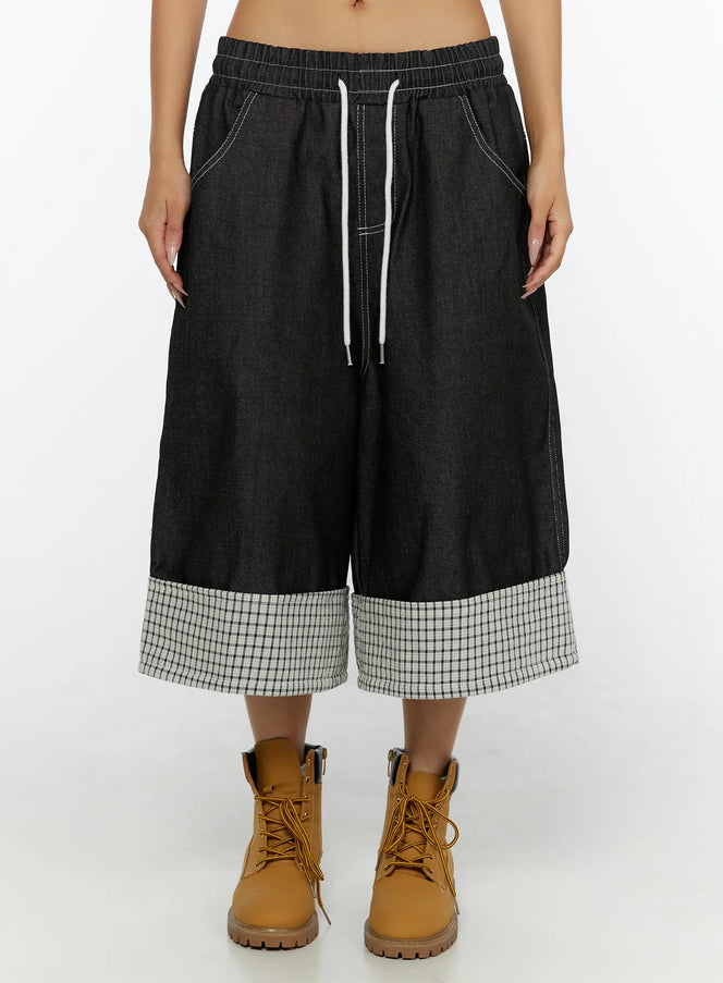 Esmé Gingham Cuff Jean Shorts CL515 Black front close-up on model showing elastic drawstring waist and wide-leg denim silhouette
