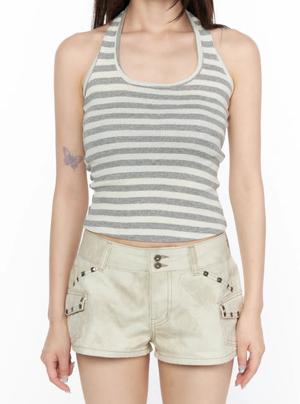 Essential Striped Halter Top CL522 Gray front close-up view on model showing scoop neck ribbed gray stripe halter crop top with stud shorts waistband detail