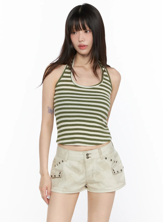 Essential Striped Halter Top CL522 olive green front view on model in striped ribbed halter crop tank styled with beige low-rise stud shorts