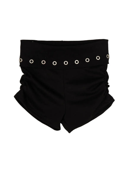 Eyelet Detail Mini Shorts IL522 Black flat-lay front view showing full silhouette, silver eyelet row on waistband, ruched sides and hem detail