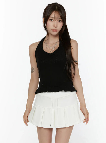 Eyelet Frill Halter Sleeveless Top CL507 in Black, size S/M