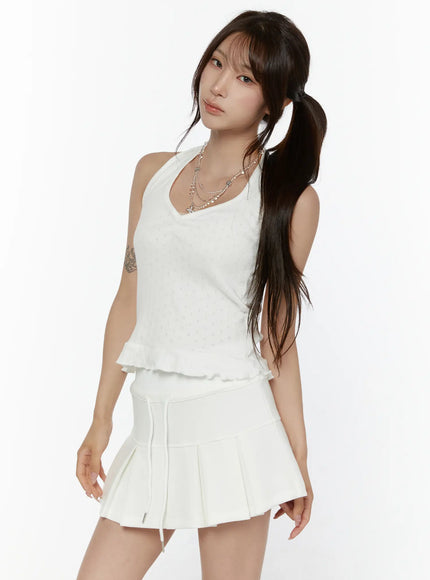 Eyelet Frill Halter Sleeveless Top CL507 in White, size S/M