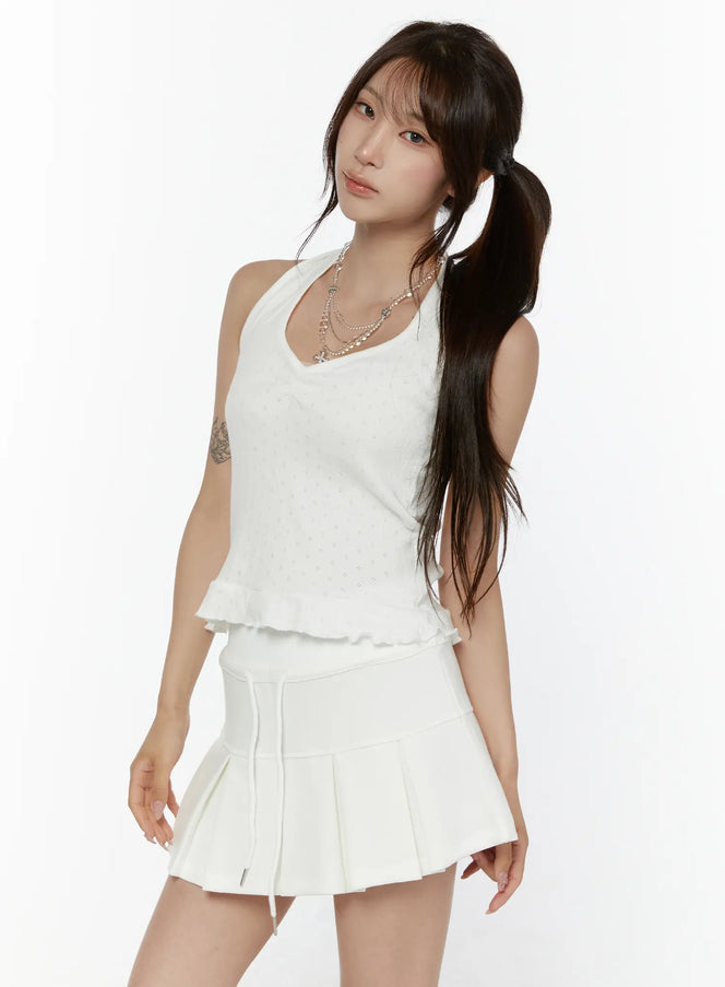 Eyelet Frill Halter Sleeveless Top CL507 in White, size S/M