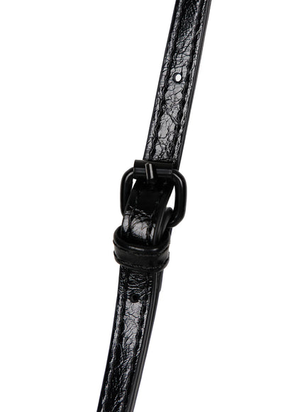 Faux Leather Crossbody CL517 Black close-up detail of adjustable crinkled patent leather strap with matte black rectangular buckle hardware on white background