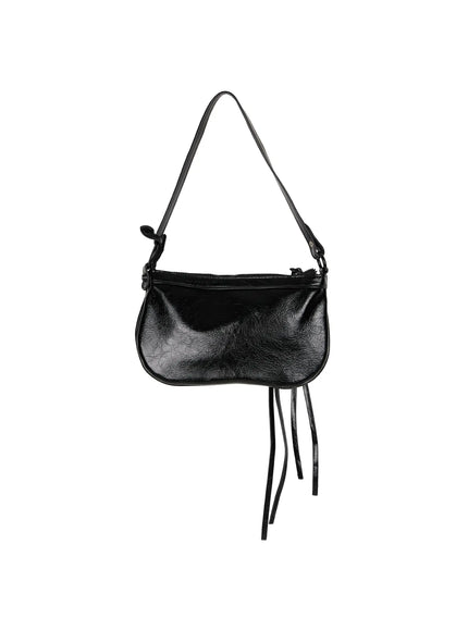 Faux Leather Crossbody CL517 Black hanger back shot showing smooth crinkled patent leather reverse side single shoulder strap and dangling tassel fringe
