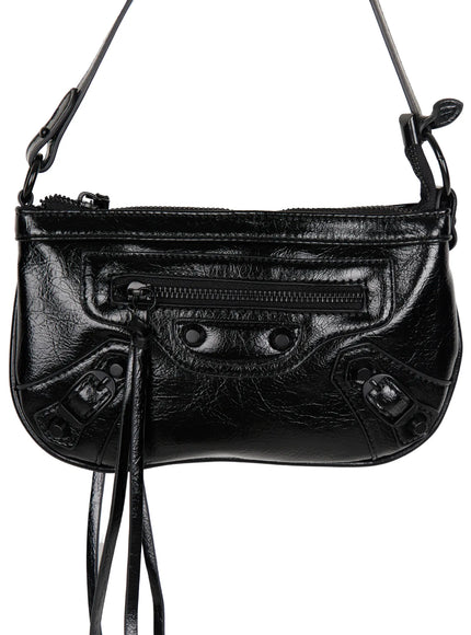Faux Leather Crossbody CL517 Black hanger front product shot showing full saddle bag shape with front zip pocket stud rivets side buckles and tassel fringe detail