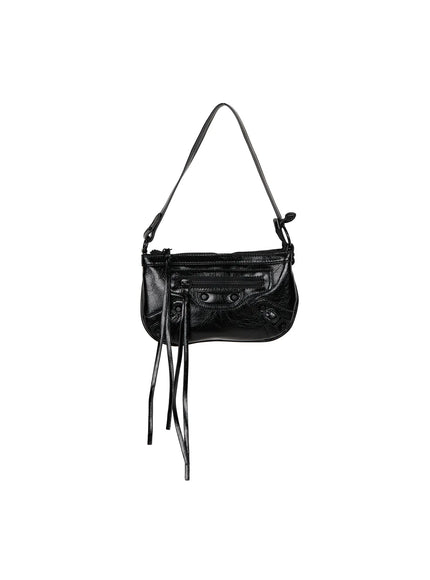 Faux Leather Crossbody CL517 Black hanger front shot full bag with short shoulder strap zipper top stud hardware and long tassel fringe on white background