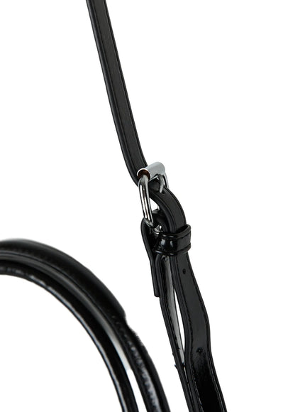 Faux Leather Shoulder Bag CL527 Black close-up detail of adjustable crossbody shoulder strap with silver pin buckle and glossy faux leather finish
