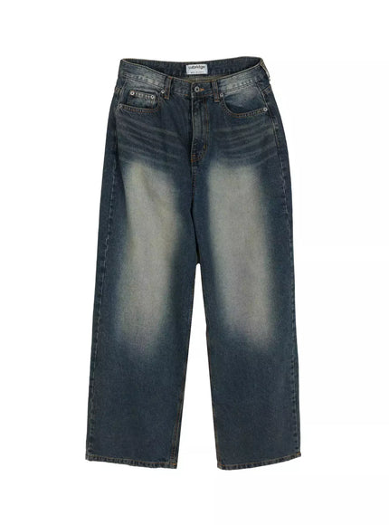 Fia Washed Baggy Jeans IL523 Dark blue flat-lay front view showing full wide-leg silhouette, vintage yellow-toned faded wash, five-pocket design and ozbridge label