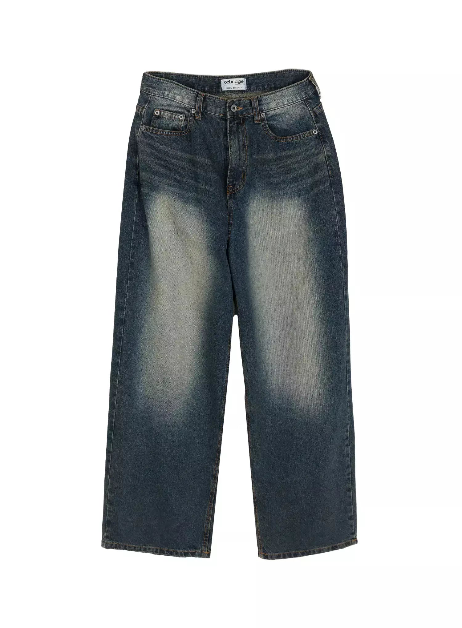Fia Washed Baggy Jeans IL523 Dark blue flat-lay front view showing full wide-leg silhouette, vintage yellow-toned faded wash, five-pocket design and ozbridge label