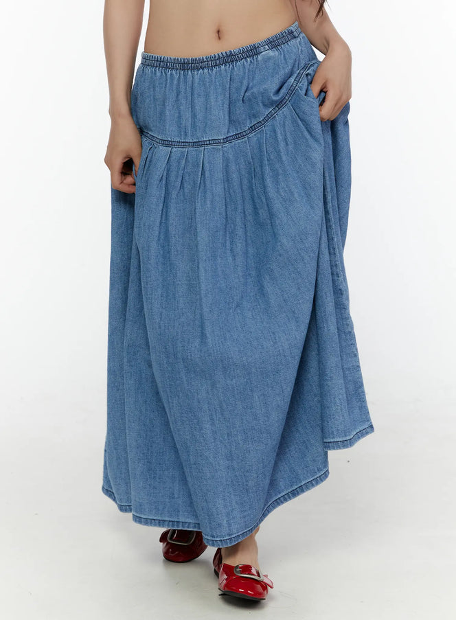 Flared Denim Maxi Skirt CL508 in Blue, size S/M