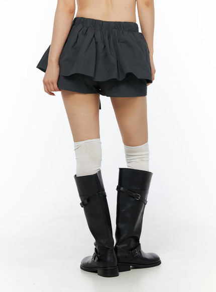 Flared Mini Skort CL501 Dark gray back view on model showing elastic waistband and double-layer ruffled skirt over built-in shorts with knee-high boots