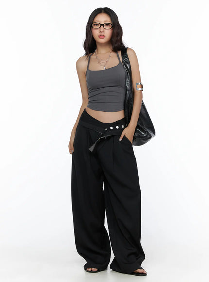 Flared Panel Sleeveless Top CL510 Dark gray full-body front shot on model, cropped ribbed tank with spaghetti straps, styled with black wide-leg trousers and black tote bag