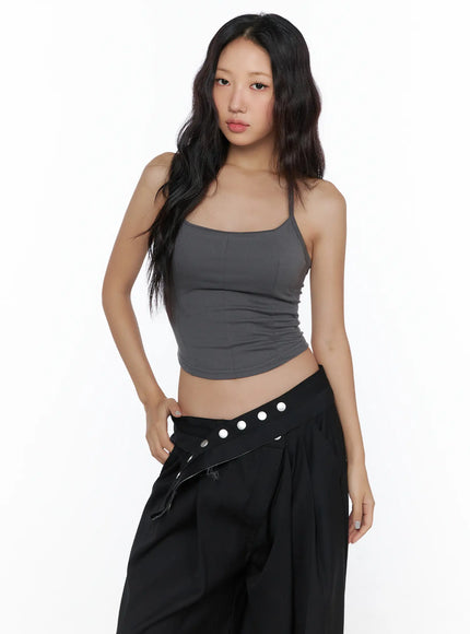 Flared Panel Sleeveless Top CL510 Dark gray close-up front shot on model, highlighting corset-style panel seam detail and scoop neckline with ribbed stretch fabric