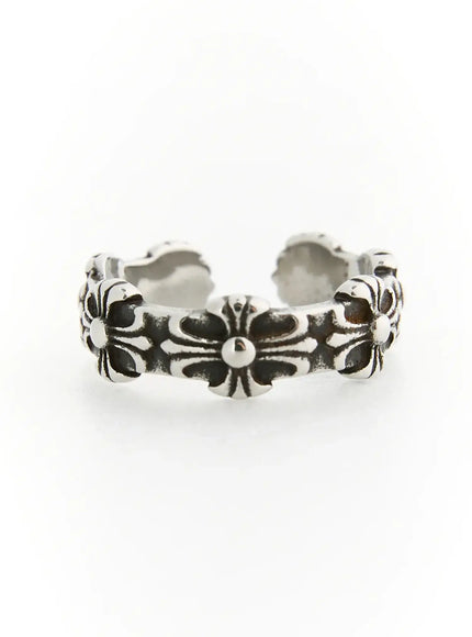 LEWKIN Flora Flower Cross Ring IL517 silver front view open-band ring with engraved floral cross pattern and oxidized antique finish