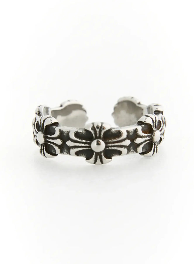 LEWKIN Flora Flower Cross Ring IL517 silver front view open-band ring with engraved floral cross pattern and oxidized antique finish