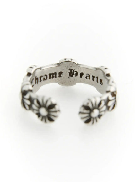 Flora Flower Cross Ring IL517 silver interior view showing Chrome Hearts engraved gothic lettering inside open band with floral cross ends