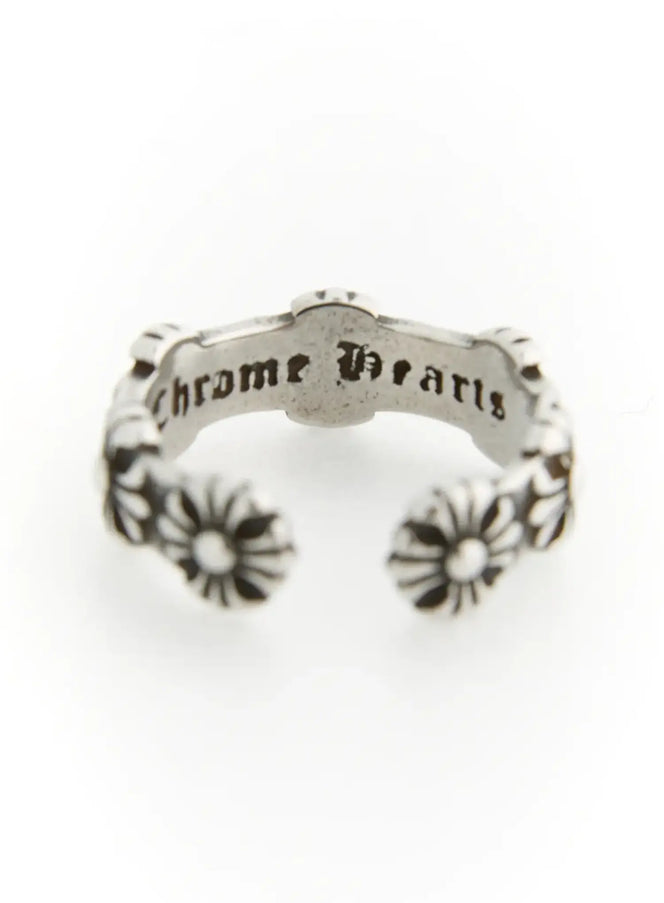 Flora Flower Cross Ring IL517 silver interior view showing Chrome Hearts engraved gothic lettering inside open band with floral cross ends