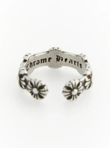 Flora Flower Cross Ring IL517 silver close-up interior detail of Chrome Hearts gothic script engraving inside adjustable open band