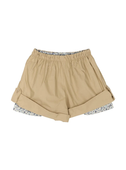 Floral Banded Shorts IL521 Beige flat-lay back view showing elastic waistband with floral inner layer peeking above and cuffed hem below