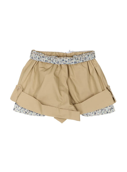 Floral Banded Shorts IL521 Beige flat-lay back view showing floral elastic waistband detail, cuffed hem with button, and inner floral layer