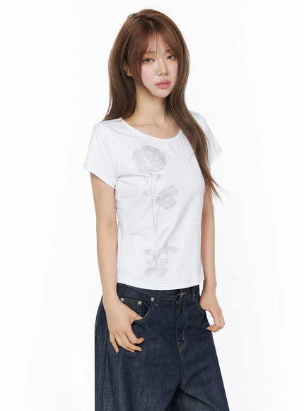 Floral Graphic Short Sleeve Top IU525 in White, size S/M