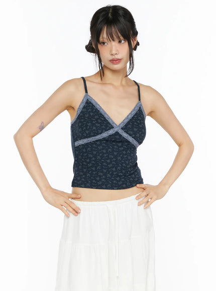 Floral Lace Trim Cami CU530 in Dark blue, size S/M