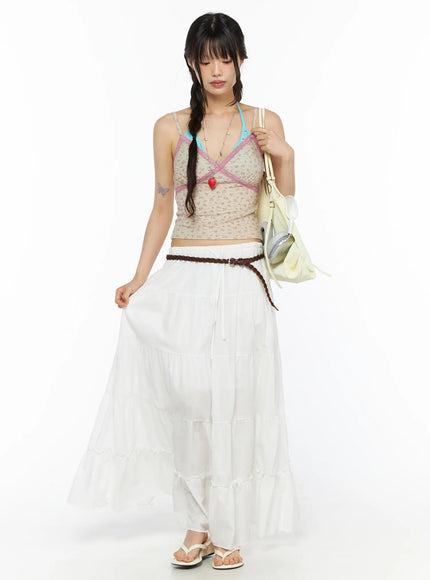Floral Lace Trim Cami CU530 Beige full-length front shot model standing wearing beige floral cami with pink lace trim styled with white tiered maxi skirt and cream bag