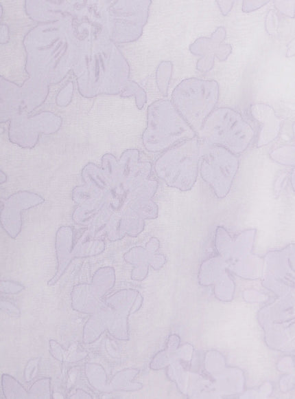 Floral Midi Skirt CU523 White close-up fabric detail shot showing tonal floral jacquard pattern with subtle lavender shadow on sheer woven textile