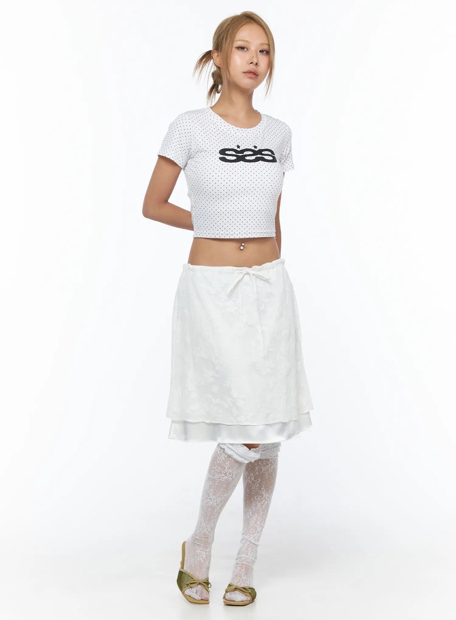 Floral Midi Skirt CU523 White full-length front shot on model in standing pose with polka-dot crop top showing bow tie waist and layered skirt hem