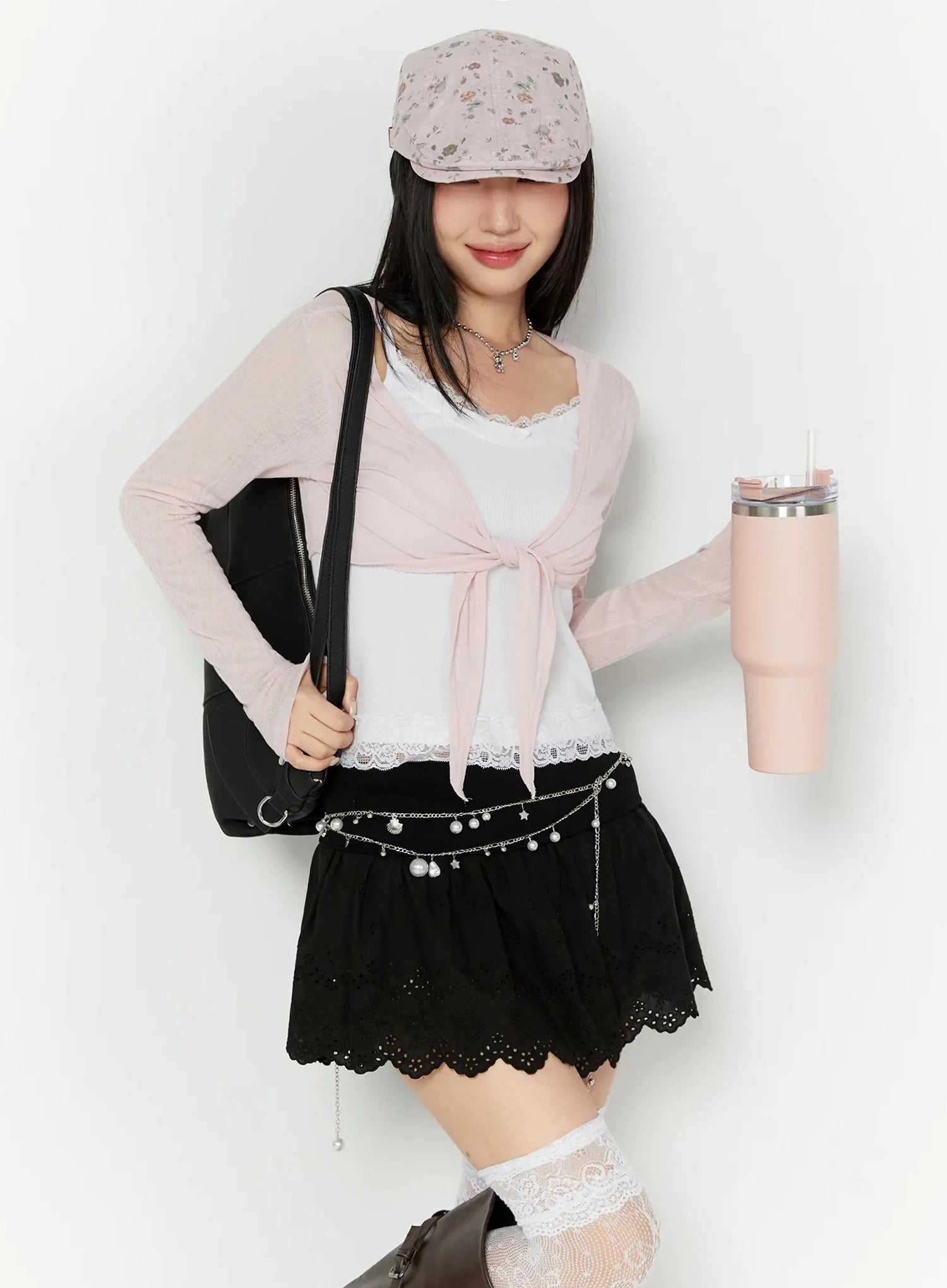 Floral Print Flat Cap IU524 Pink full-body front model shot styled with pink cardigan, black mini skirt, lace socks and boots