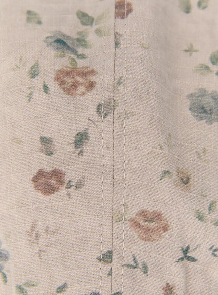 Floral Print Flat Cap IU524 Pink close-up detail of brim seam stitching and woven fabric texture with watercolor floral print