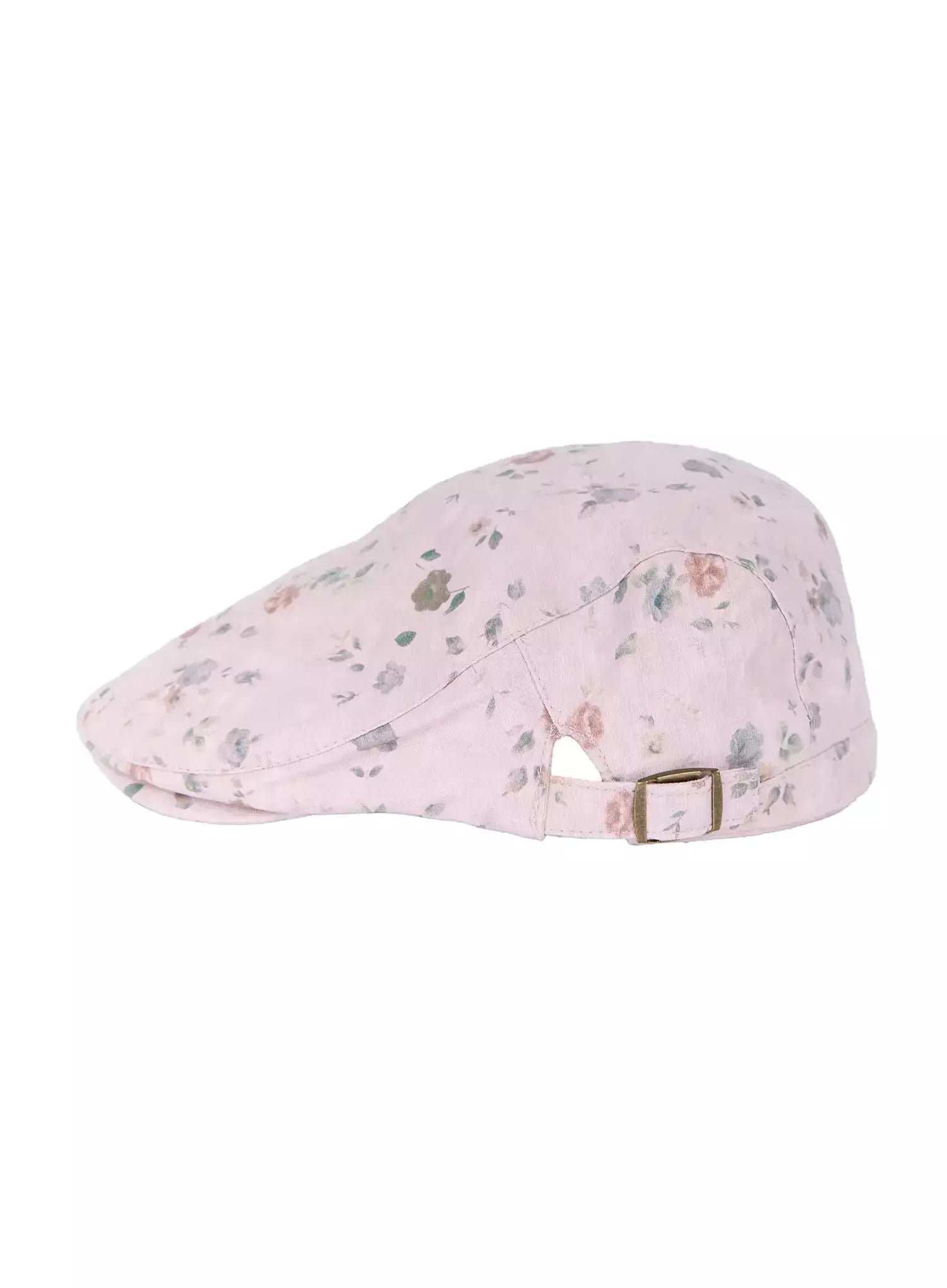 Floral Print Flat Cap IU524 Pink flat-lay side view on white background showing brim profile and gold adjustable buckle strap