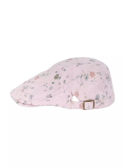 Floral Print Flat Cap IU524 Pink flat-lay side view on white background showing brim profile and gold adjustable buckle strap