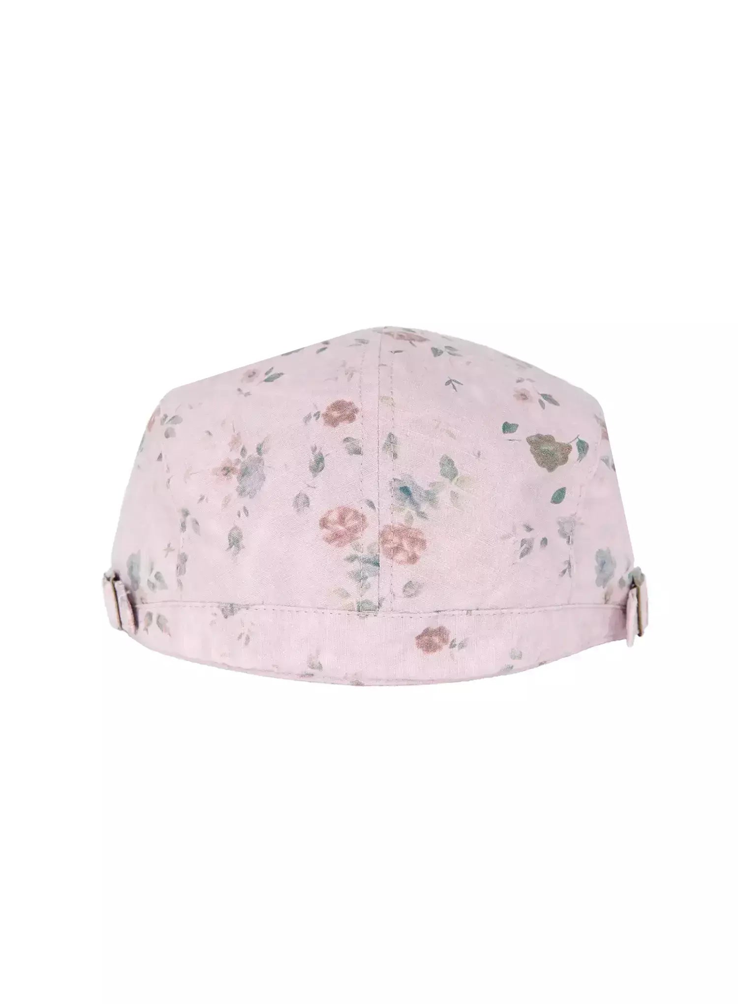 Floral Print Flat Cap IU524 Pink flat-lay back view on white background showing rear panel, buckle strap and floral print