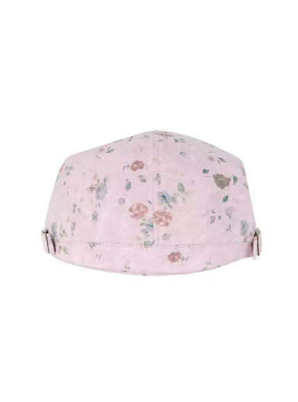 Floral Print Flat Cap IU524 Pink flat-lay back view on white background showing rear panel, buckle strap and floral print