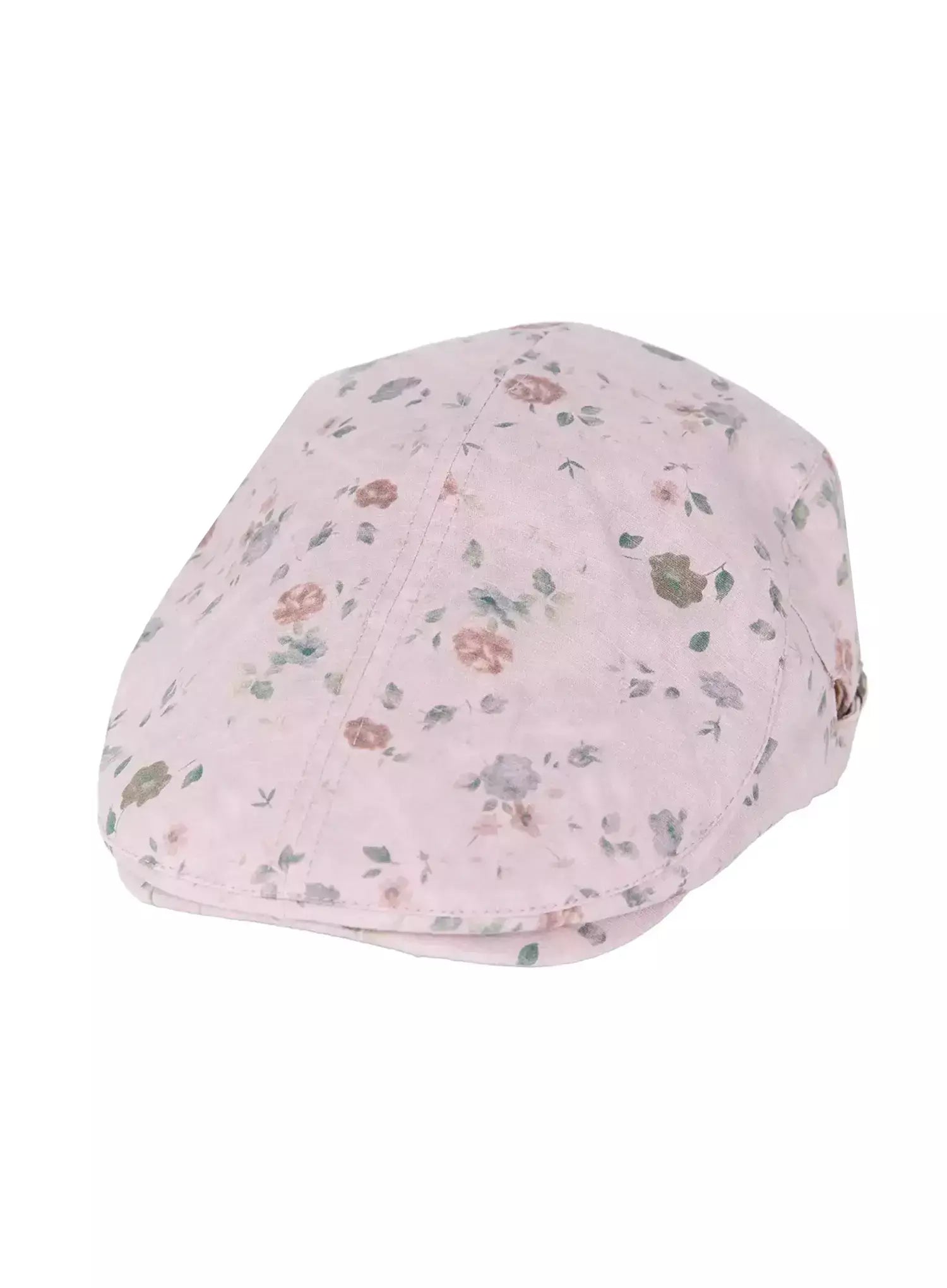 Floral Print Flat Cap IU524 Pink flat-lay angled shot on white background showing full silhouette and ditsy rose print overall